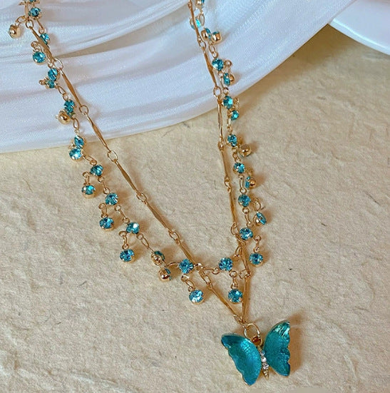 Wholesale  Double Layer Stacked Blue Butterfly Necklace