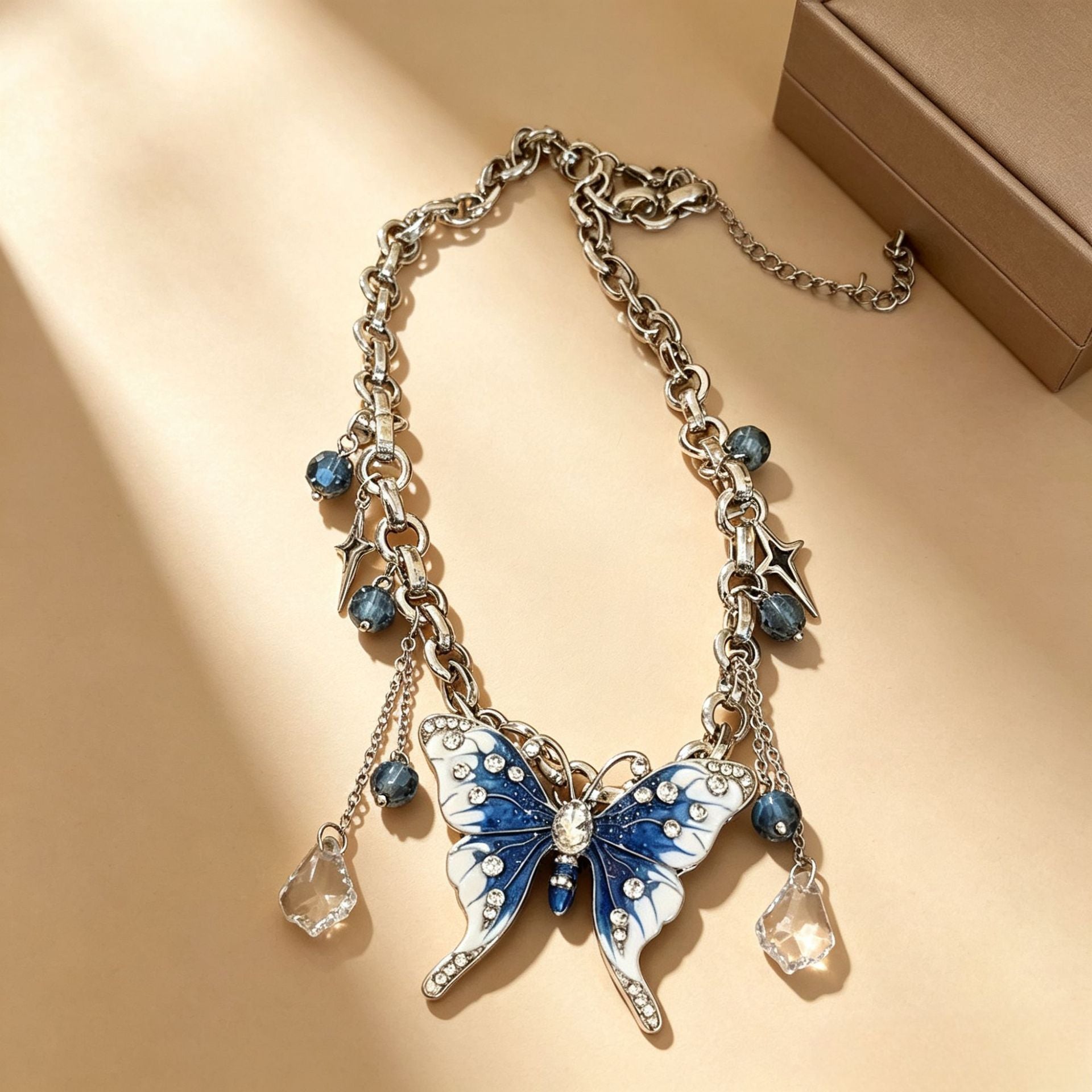 Wholesale Y2K Blue Gradient Butterfly Necklace Pink Crystal Tassel Collarbone Chain Chic Jewelry Accessory Gift