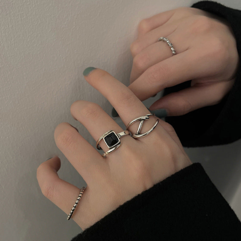 Wholesale retro geometric square black agate ring