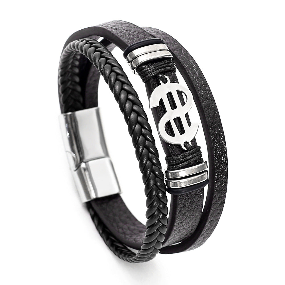 Wholesale Stylish Multi Layer Woven Faux Leather Bracelet For Men Punk Style With Titanium Steel Buckle Unisex Jewelry Accessory