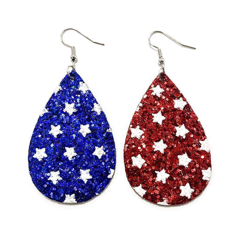 Wholesale American Independence Day Pentagram Glitter Asymmetrical Leather Earrings ACC-ES-XinChuan012