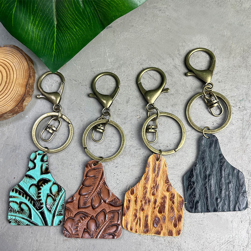 Wholesale Retro Western Embossed Leopard Cow Print Leather Keychain Fashion Decorative Bag Charm Boutique Resale Gift