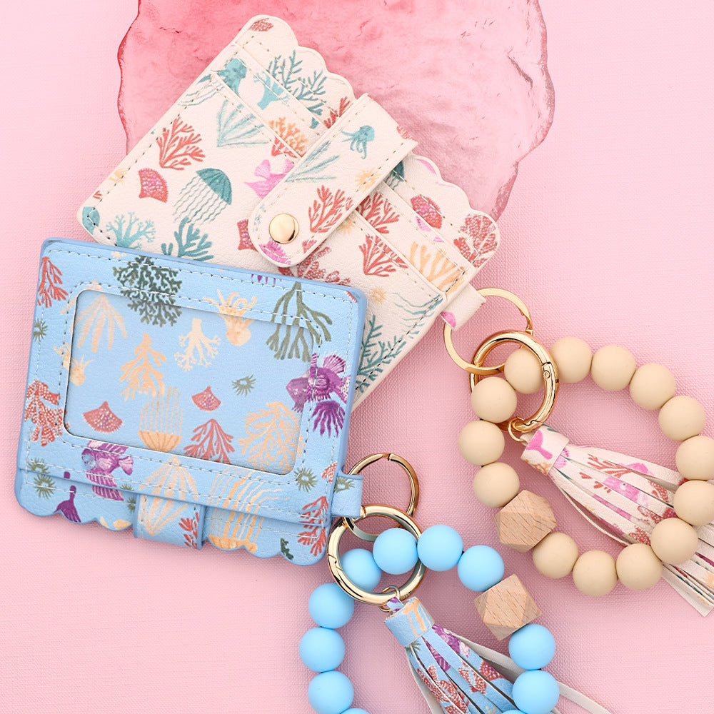 Wholesale  bead  ocean print mushroom leather Wristlet Keychain