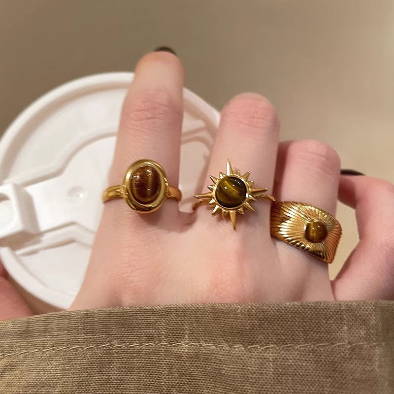 Wholesale Chic Sunflower Tiger Eye Stone Ring Women' s Alloy Electroplated Geometric Design Jewelry Accessory for Boutique Resale