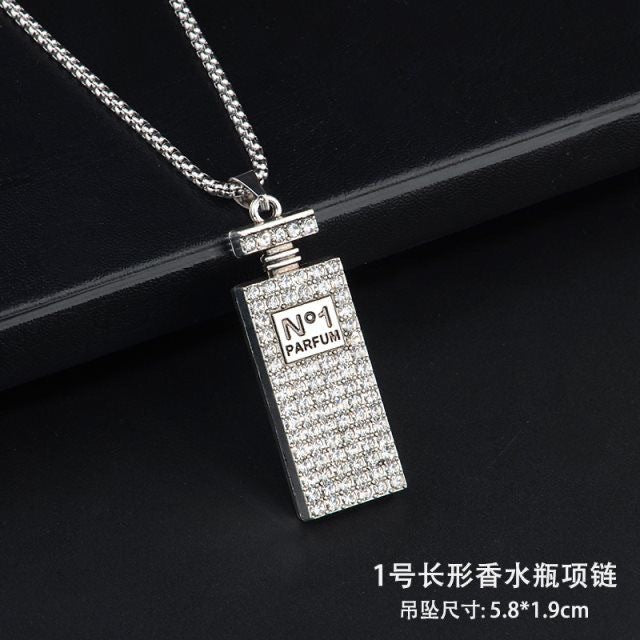 Wholesale Stainless Steel Rhinestone Perfume Bottle Pendant Long Necklace Sweater Chain Stylish Jewelry Accessory Gift