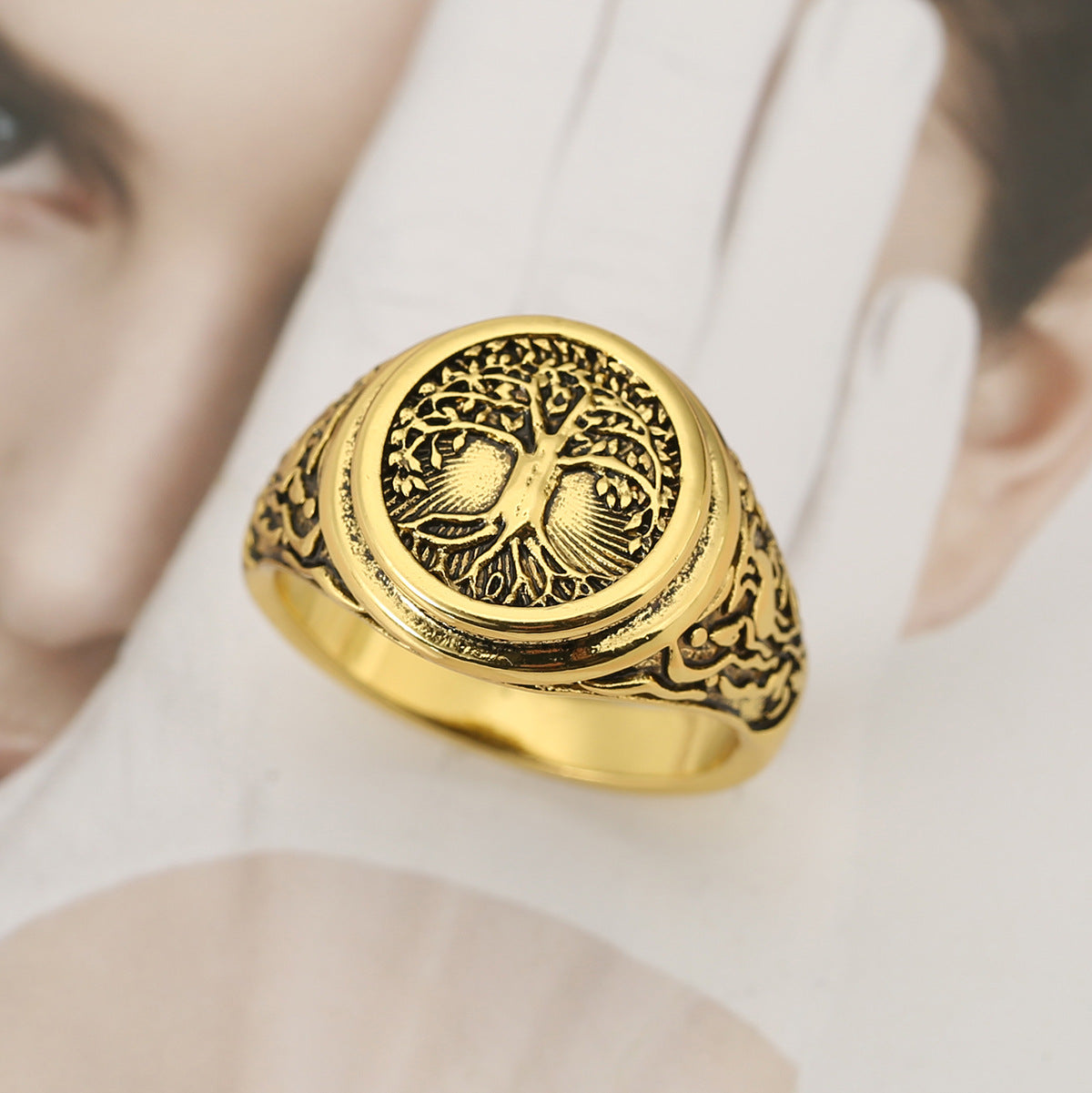 Wholesale Geometric Hollow Pattern Tree of Life Personality Retro Ring