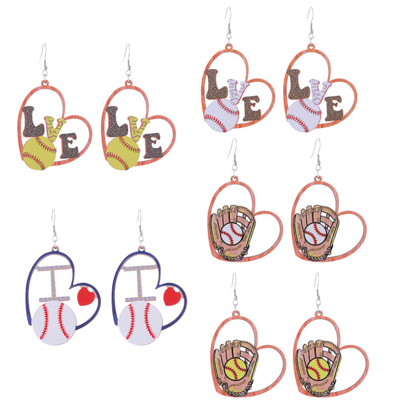 Wholesale Sports Style Baseball Heart Wooden Earrings