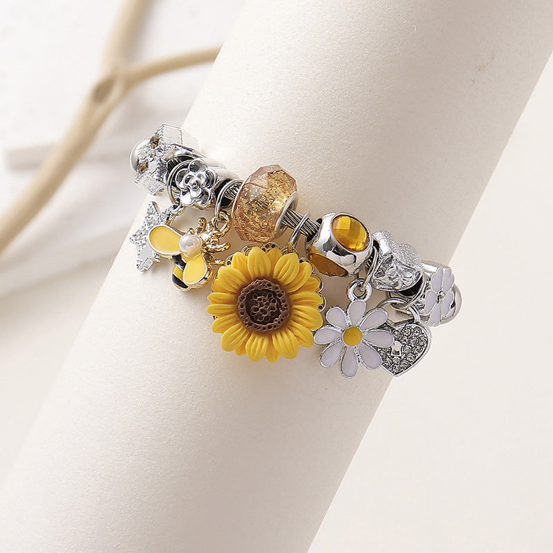 Wholesale  Sunflower Oil Painting Bee Butterfly  Stainless Steel Open Bracelet