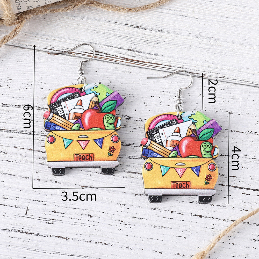 Wholesale Back To School Season Pencil Apple Crayon Wood Double Sided Earrings ACC-ES-ChuLian093
