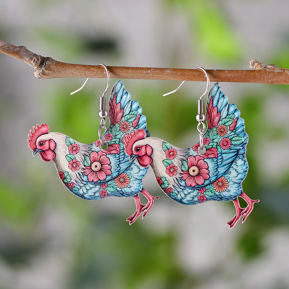 Wholesale Western Farm Flower Hen Pendant Earrings