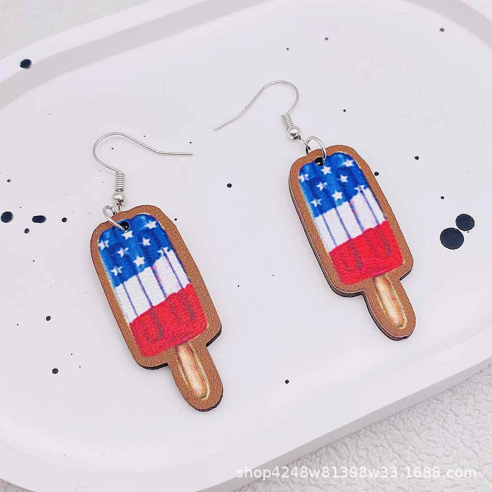 Wholesale Independence Day Earrings Pentagram Ice Cream Print Wooden Earrings ACC-ES-SuSheng002