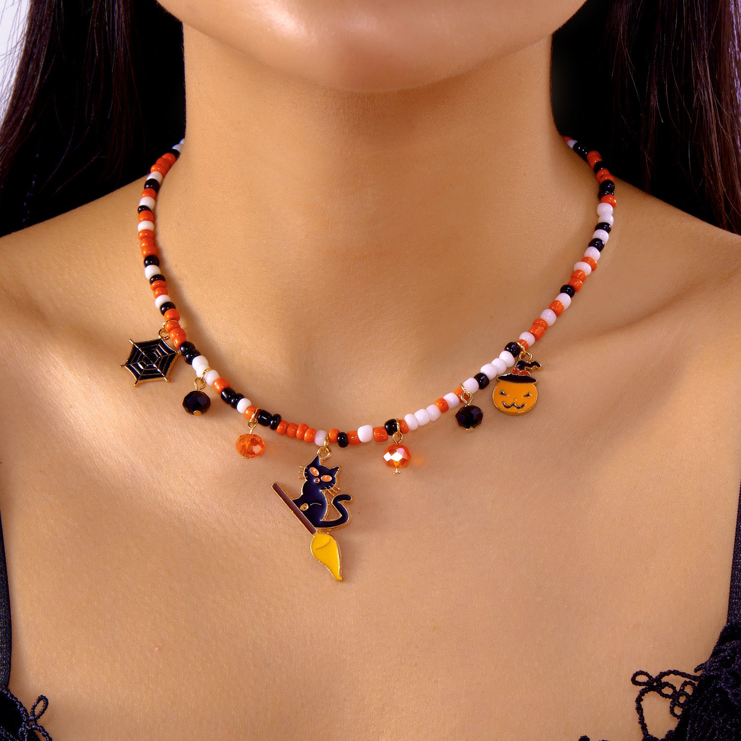 Wholesale Pumpkin Color Horror Style Ghost   Rice Beads  Necklace