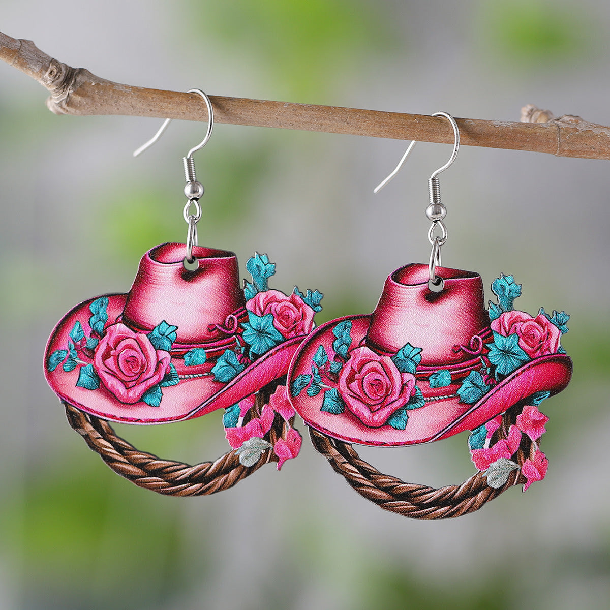 Wholesale Western Style Cowboy Hat Flower Horseshoe Pendant Earrings ACC-ES-ChuLian125