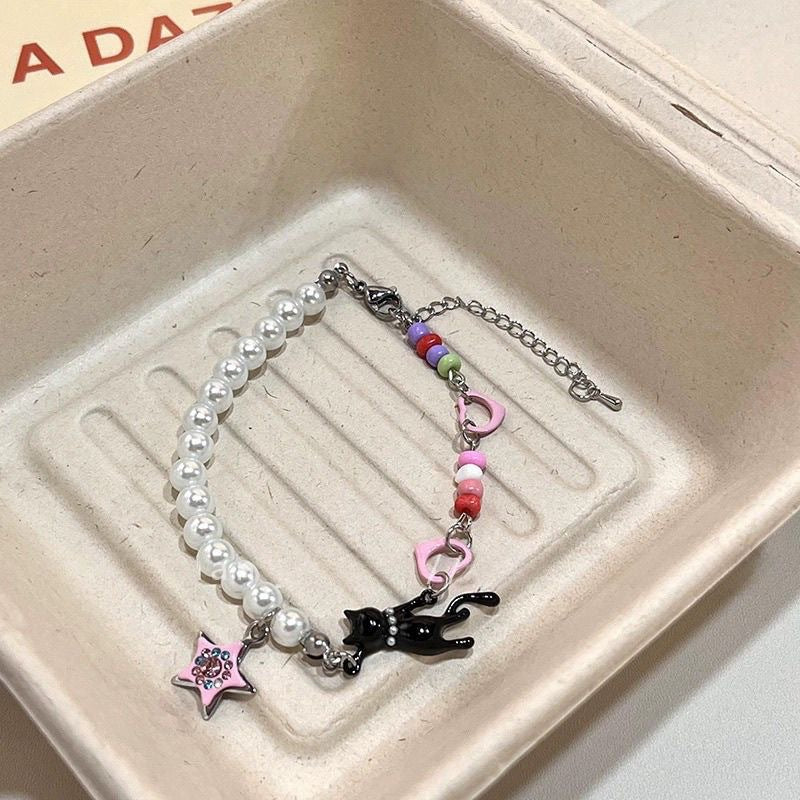 Wholesale Summer Y2K Black Cat  Pink Star Beaded Necklace