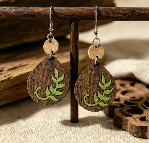Wholesale Vintage Wooden Leaf Print Drop Earrings For Women Fashion Jewelry Accessory