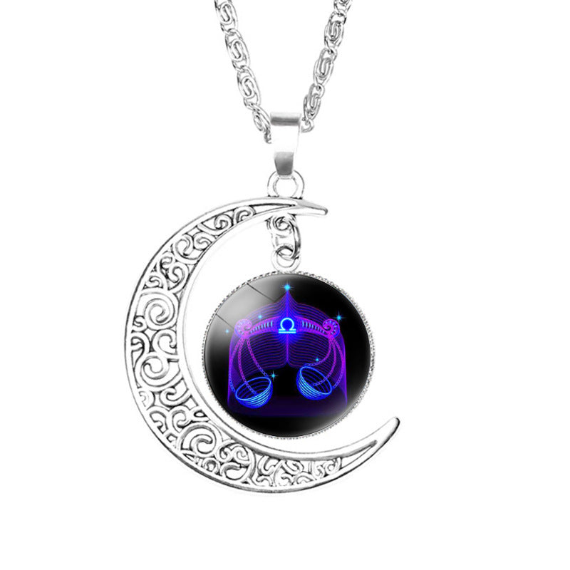 Wholesale Twelve Constellation moon necklace Time Gem crescent moon pendant with chain
