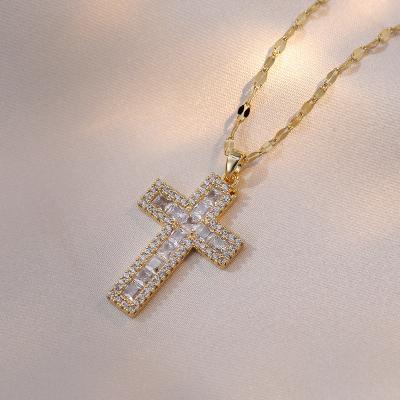 Wholesale Stylish Copper Zircon Cross Pendant Necklace Gold White Color Women S Fashion Accessory Boutique Gift