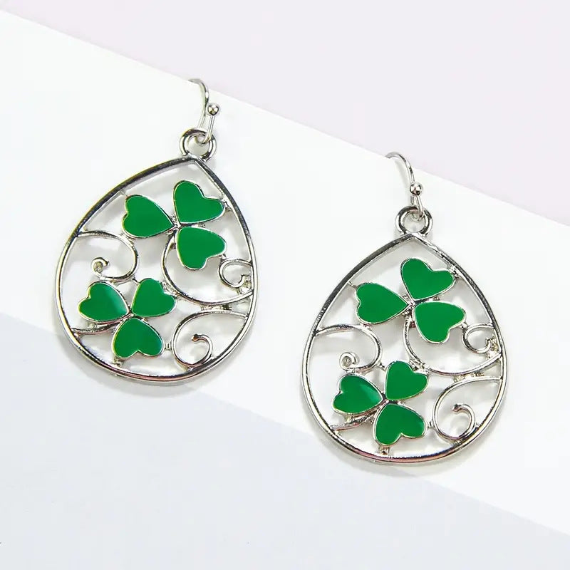 Wholesale St Patrick's Day Clover Hollow carved water drop earrings