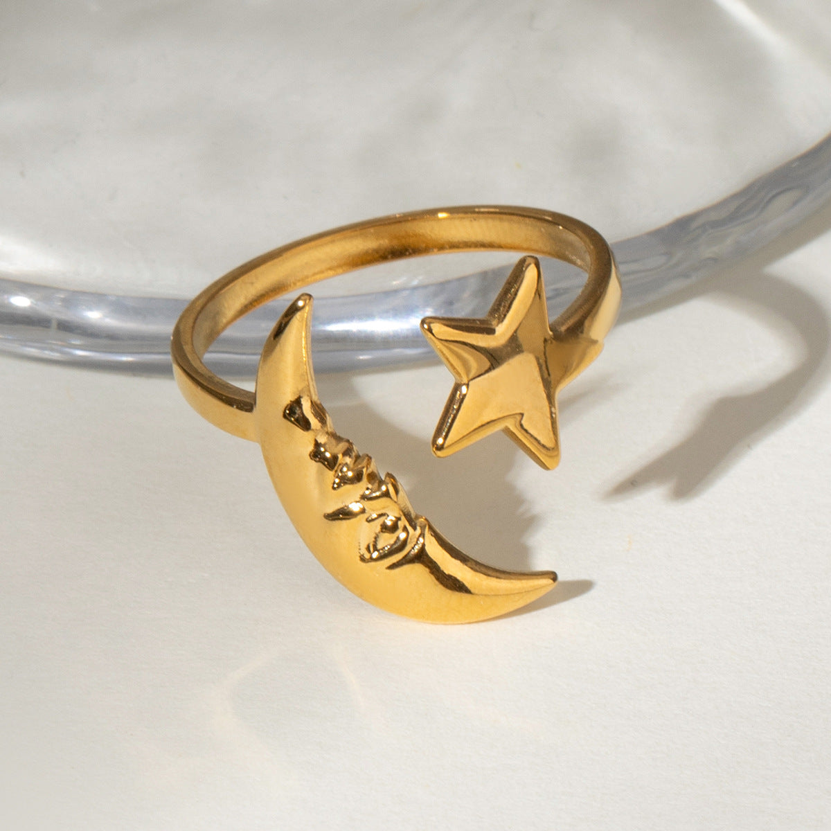 Wholesale  18k gold  simple star moon opening stainless steel ring