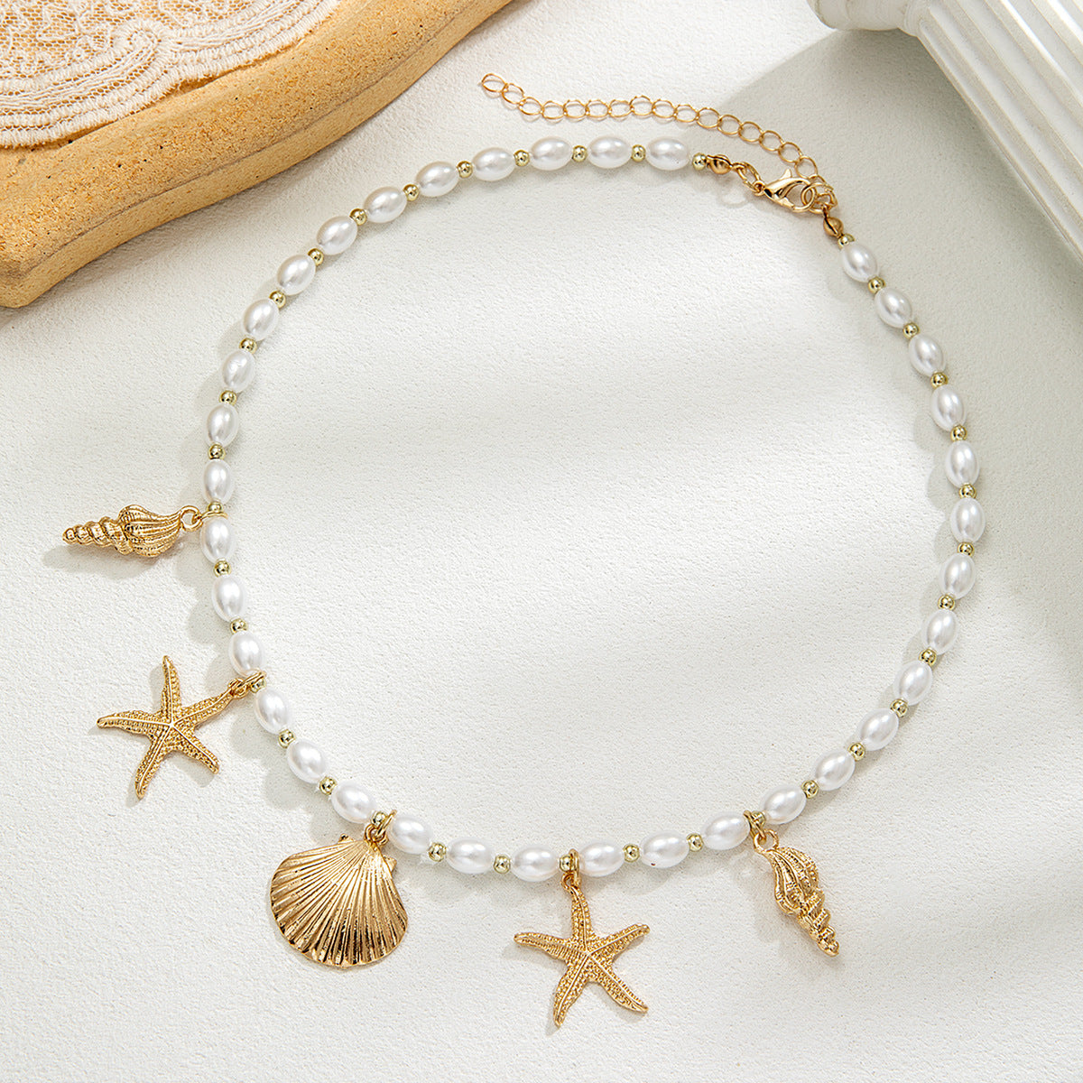 Wholesale Bohemian Alloy Starfish Conch Shell Pendant Pearl Gold Beads Beaded Adjustable Necklace