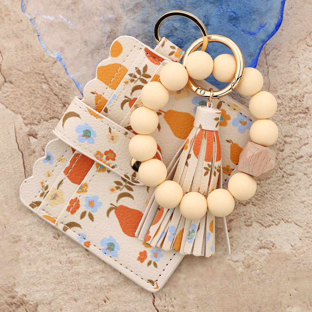 Wholesale  bead  ocean print mushroom leather Wristlet Keychain