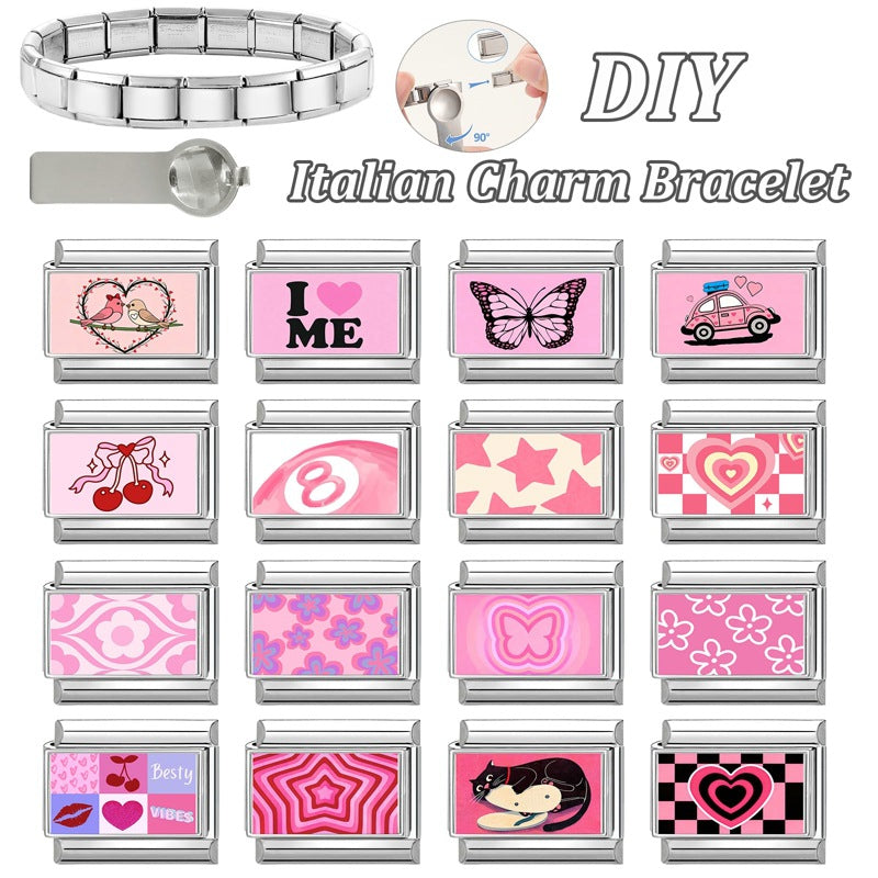 Wholesale Hearts and Love Italian Charms pink series  DIY  Single Section Creative Stainless Steel Composable Bracelet