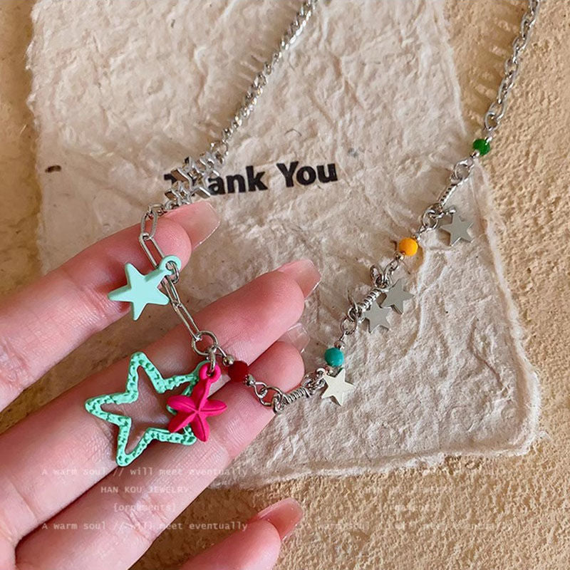 Wholesale Dopamine Pink Green Five-pointed Star Necklace