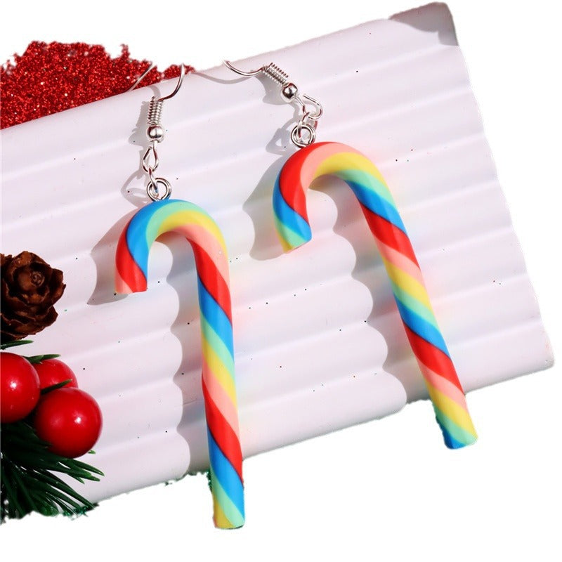 Wholesale  Soft Clay Large Candy Cane Christmas Colorful Rainbow Earrings