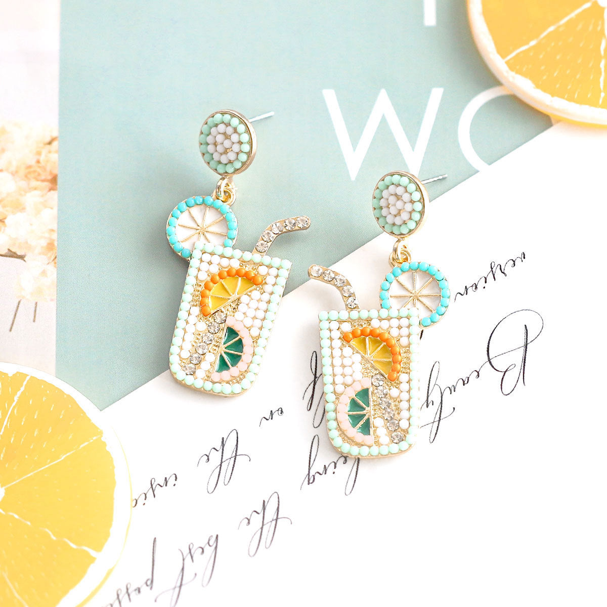 Wholesale Summer Drip Oil Rice Beads Set with Diamonds Wine Cup Cold Drink Cup Alloy Earrings ACC-ES-JiaQi002