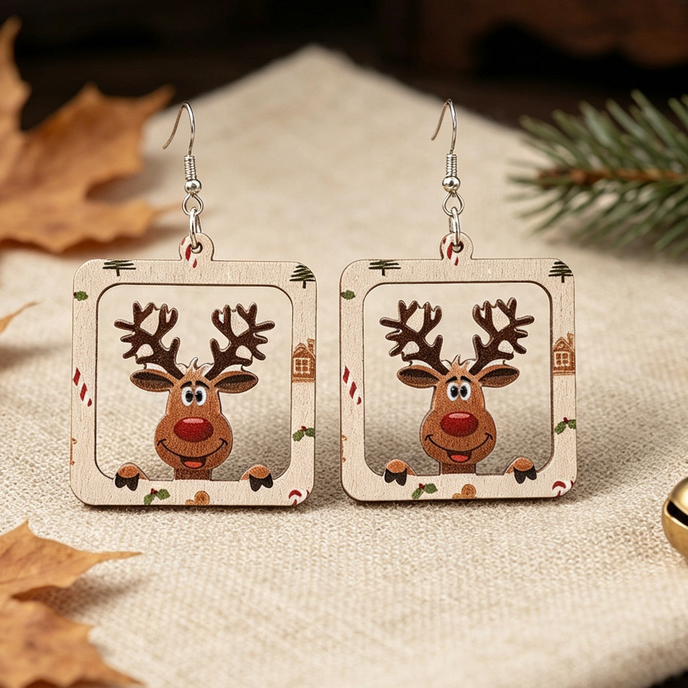 Wholesale Christmas Reindeer Themed Wooden Earrings Square Hollow Holiday Design Jewelry For Boutique Resale