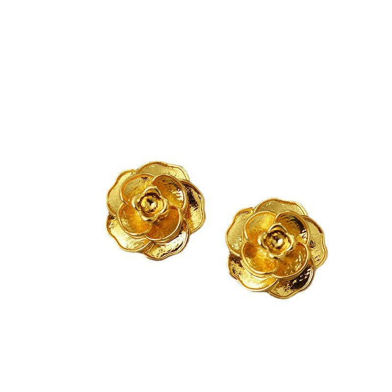 Wholesale 3D Camellia Brass Gold Plated 925 Silver Needle Earrings
