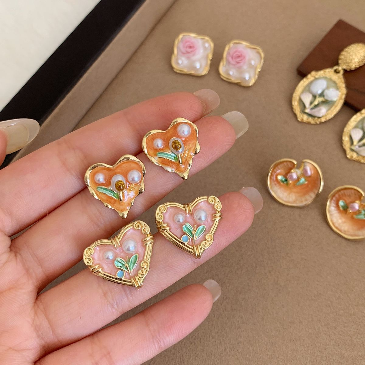 Wholesale oil painting pearl Monet garden earrings silver needle exquisite  design sense of medieval earrings