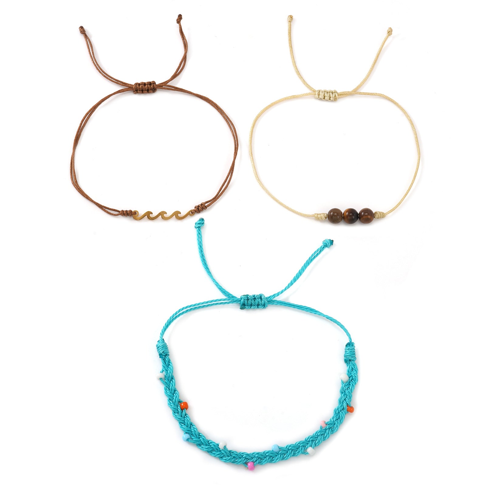 Wholesale Chic Handmade Woven Tiger Eye Stone Layered Bracelet Stainless Steel Wave Charm Blue Summer Beach Jewelry Accessory