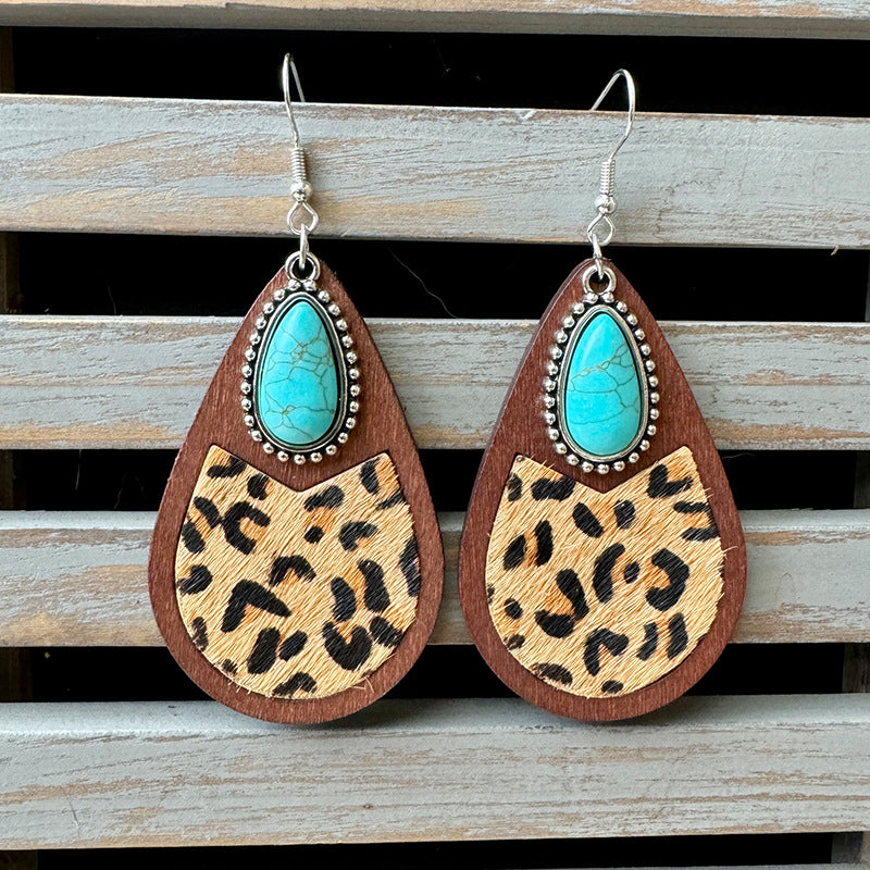 Wholesale Western Style Genuine Leather Leopard Print Embossed Cow Print Droplet Shaped Earrings ACC-ES-XinChuan005