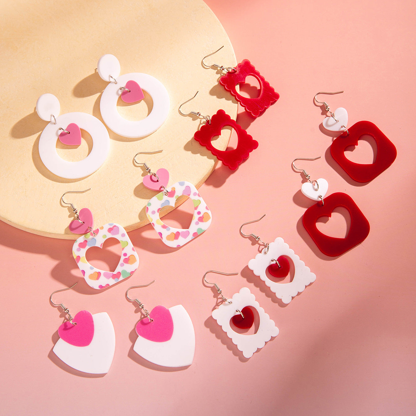 Wholesale Acrylic Hollow Printed Love Geometric Round Valentine's Day Earrings