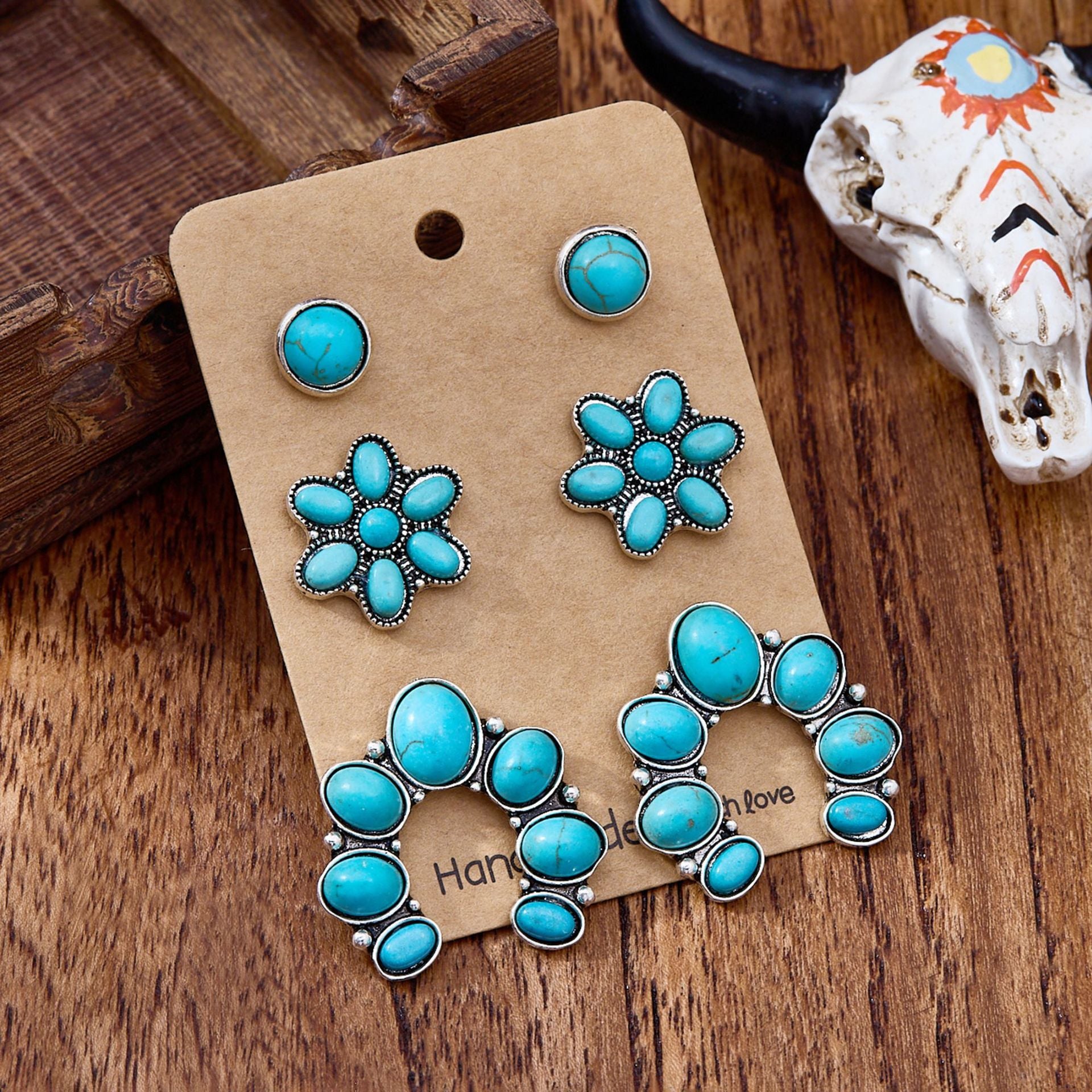 Wholesale Zinc Alloy Bohemian Turquoise Earring Set Vintage Western Design Fashion Accessory for Everyday Wear