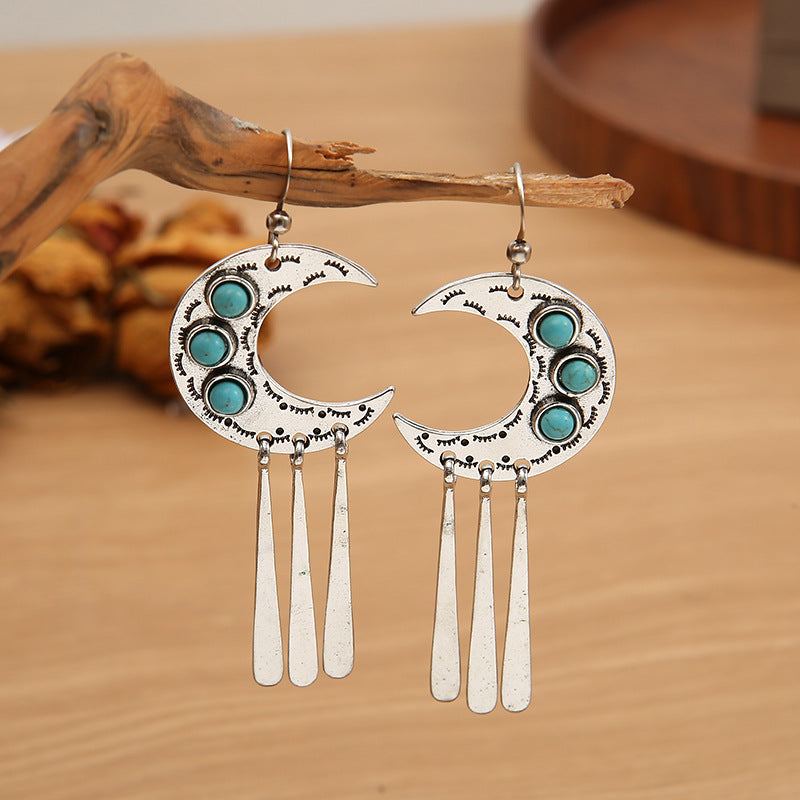 Wholesale Retro Crescent Eyelash Lace Earrings,  Alloy Turquoise Tassel Jewelry Accessory