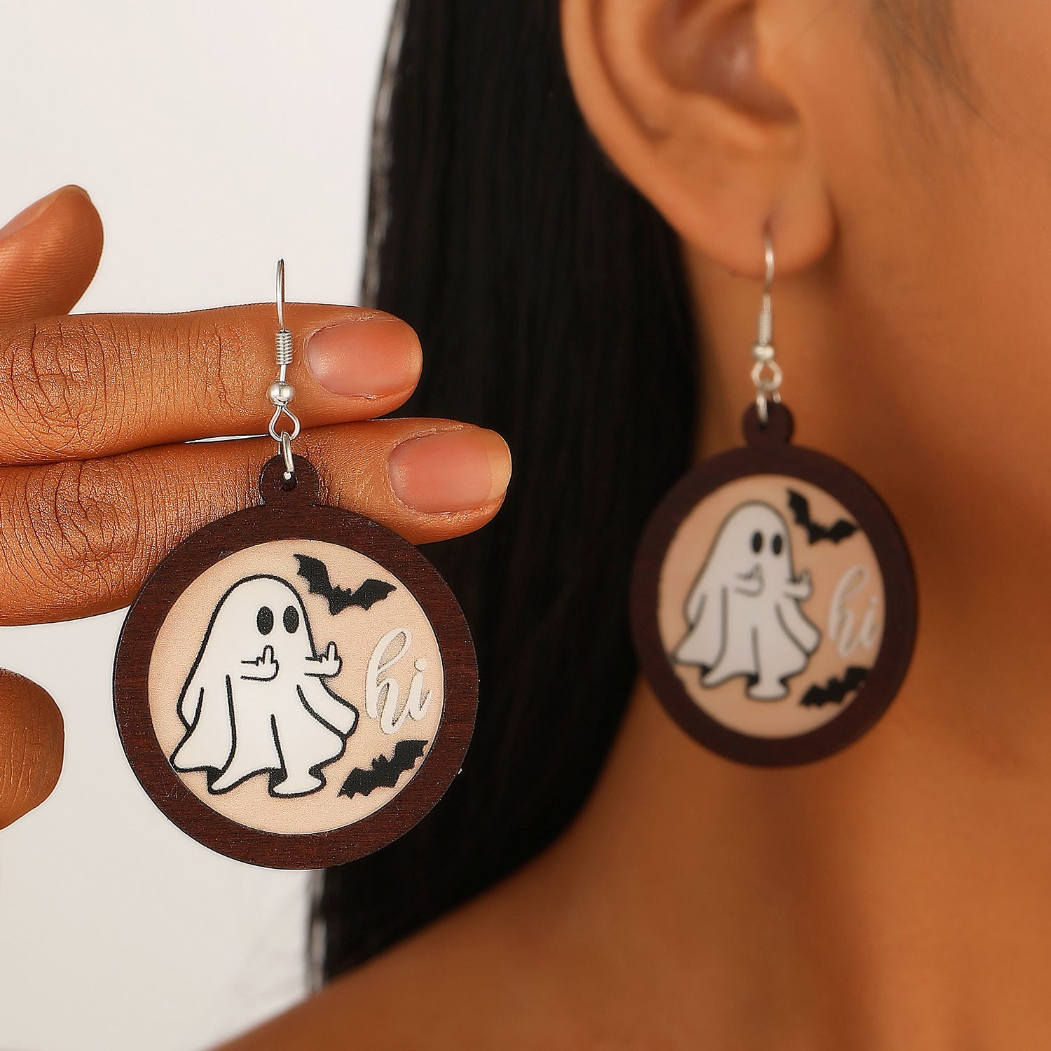 Wholesale  Ghost Pumpkin Printed Wood Drop Earrings Fashion Accessory for Gift Boutique Resale