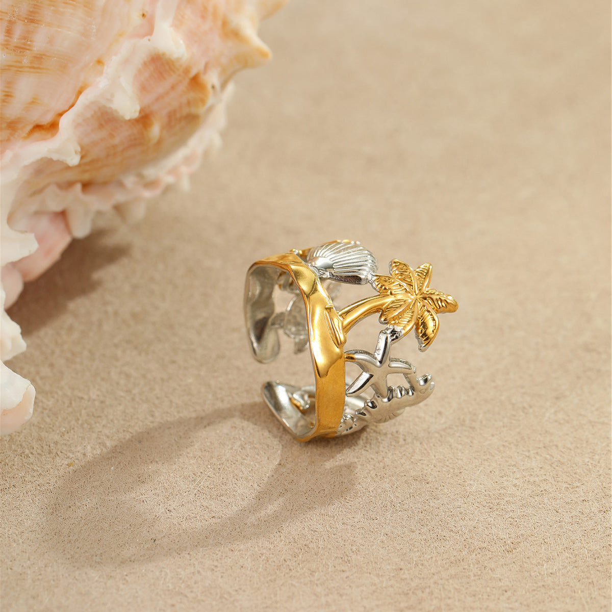 Wholesale Ocean Style Mermaid Pearl Ring Stainless Steel Gold-Plated Open Ring