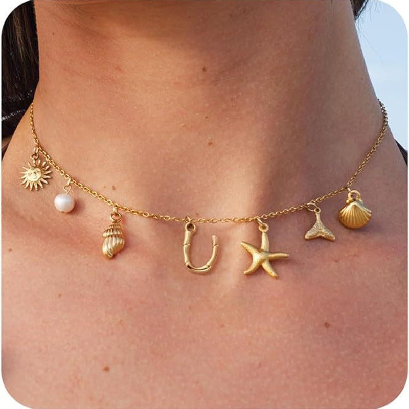 Wholesale Marine Starfish Shell Conch Letter Pendant Necklace - Summer Beach Jewelry Accessory for Boutique Resale