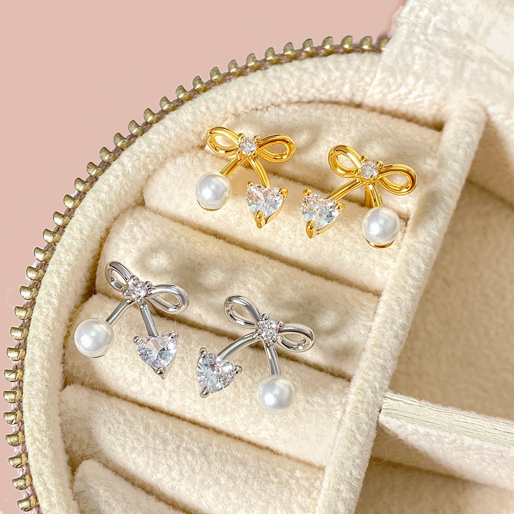 Wholesale Man-made pearl bow zircon earrings