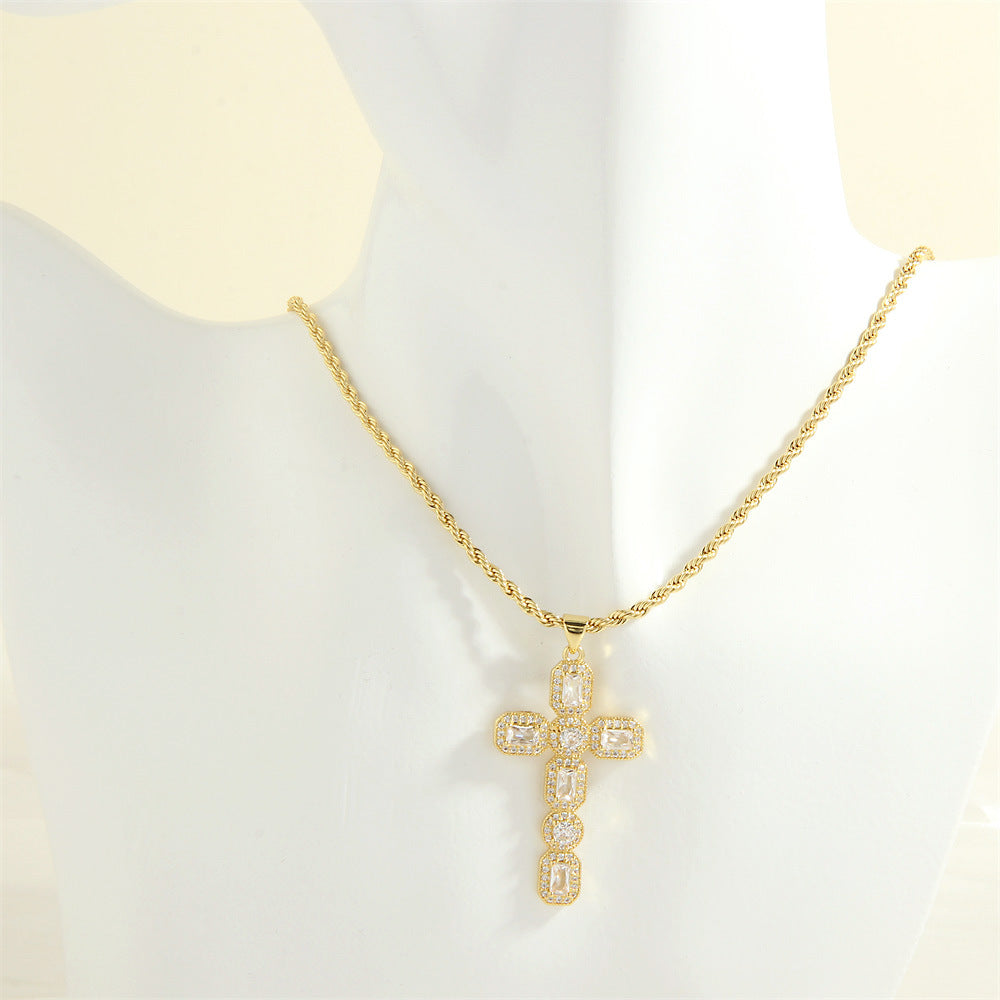 Wholesale Micro-inlaid colored zirconium cross necklace electroplated 18K gold clavicle chain jewelry