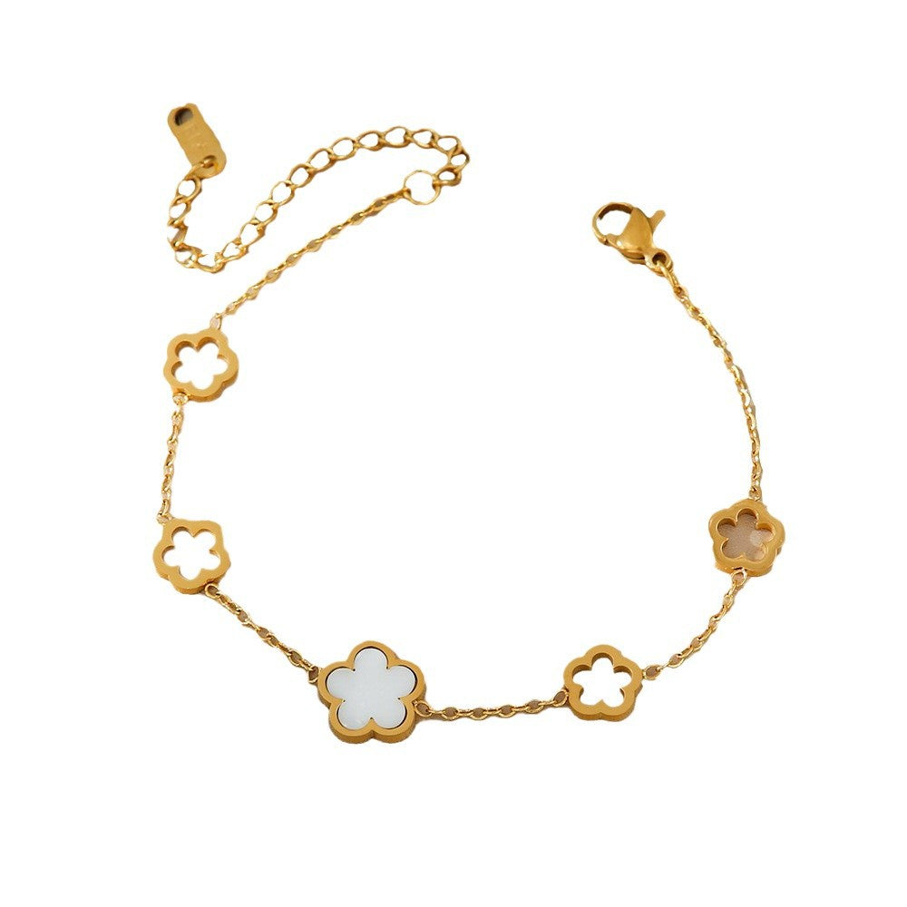 Wholesale Korean Fashion White Shell Five-Leaf Flower Hollow Bracelet Titanium Steel Jewelry Accessory