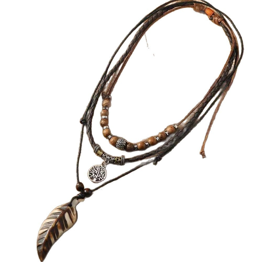 Wholesale Retro Tree Of Life Shell Pendant Necklace Handmade Alloy Beaded Leather Wax Rope Choker Unisex Jewelry For Gift Resale