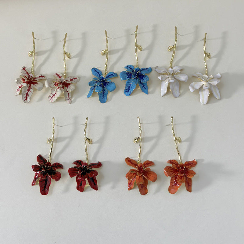 Wholesale  Light Luxury Vintage Metal Oil Drop Flower Trunk Leaf Stem Earrings