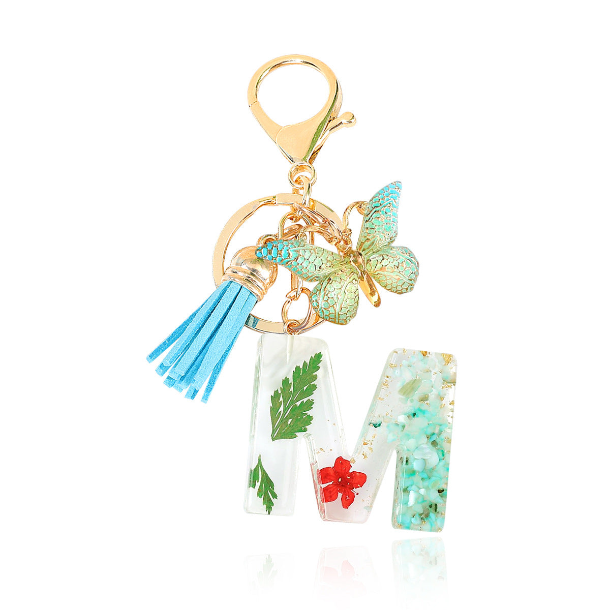 Wholesale Epoxy Green English Letter Dried Flower Crystal Keychain