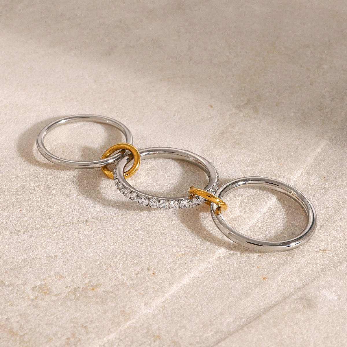 Wholesale 18k gold stainless steel gold and silver color matching three-layer white zircon ring