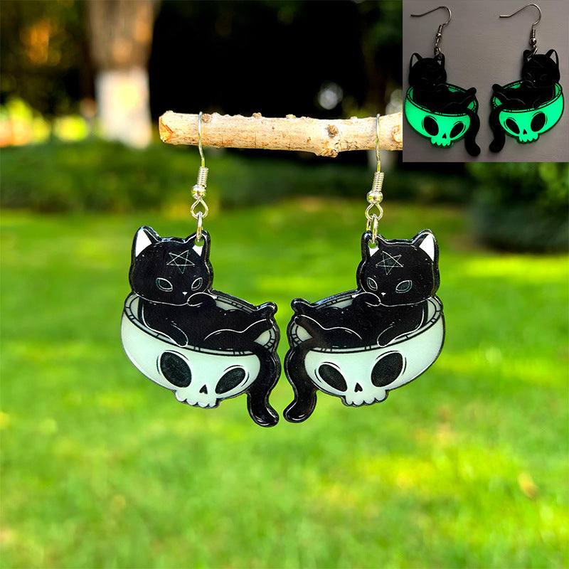 Wholesale Popular Halloween Luminous Black Cat and White Cat Acrylic Earrings