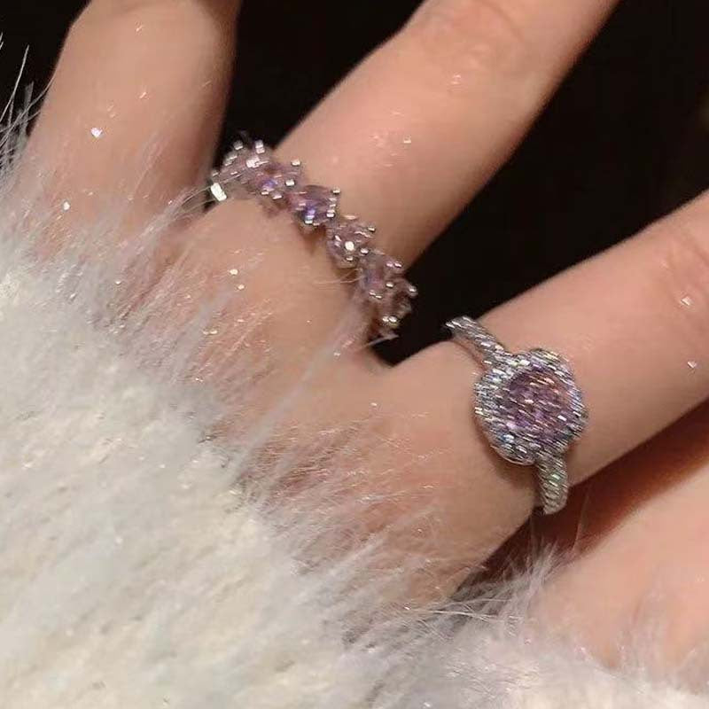 Wholesale Sugar Cube Pink Ring~Zirconia Diamond-Studded High-End Luxury Open-Ended Index Finger Ring with Row of Diamonds and Heart-Shaped Stackable Rings for Women