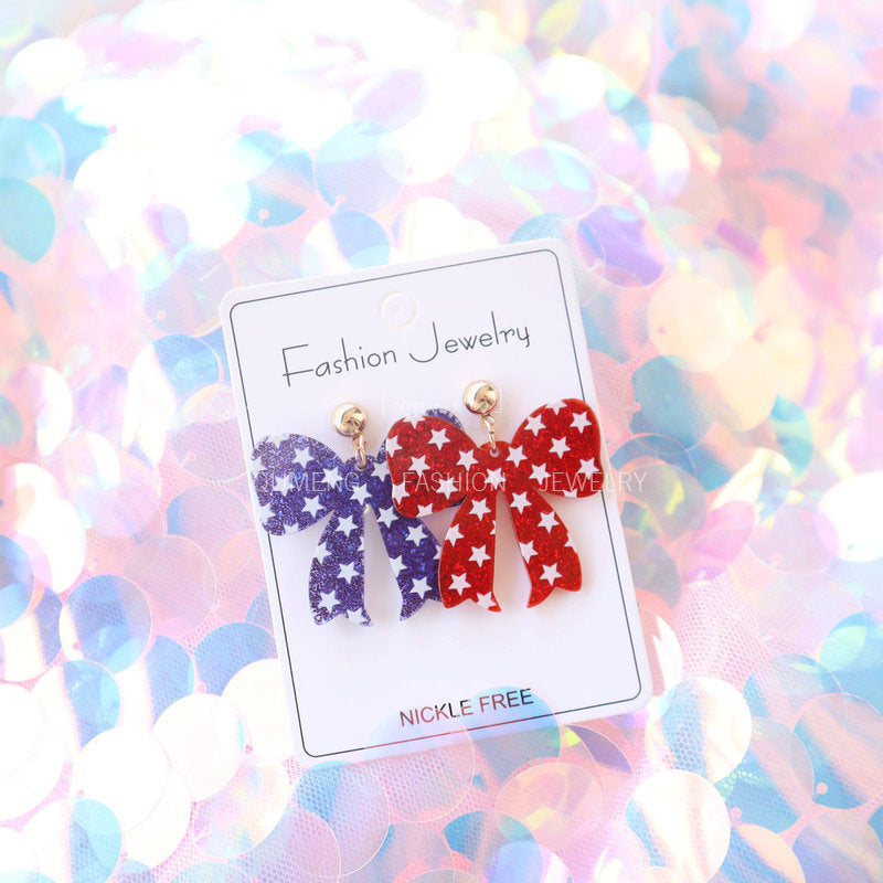 Wholesale American Independence Day Red White Blue Bow Star Printed Earrings